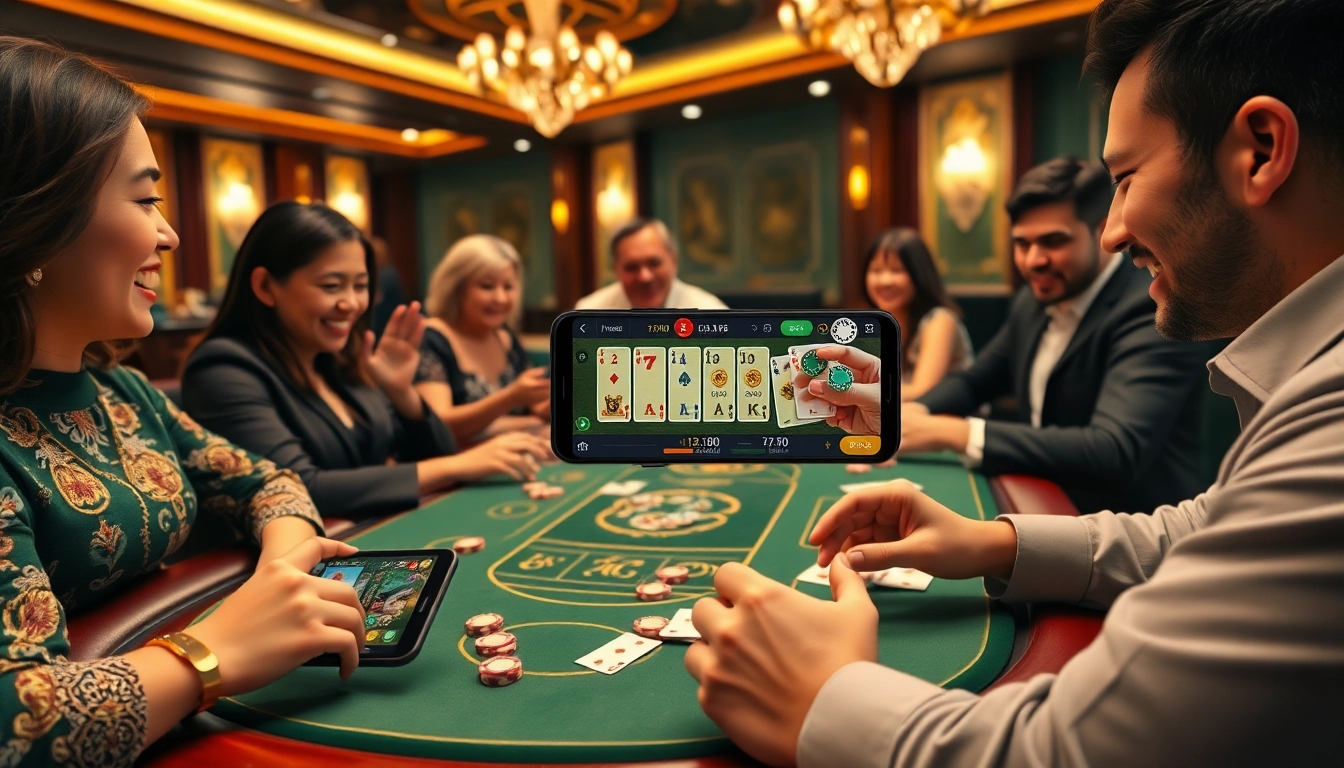Exciting scene of gamblers celebrating their first win in xóc đĩa with professional casino ambiance.