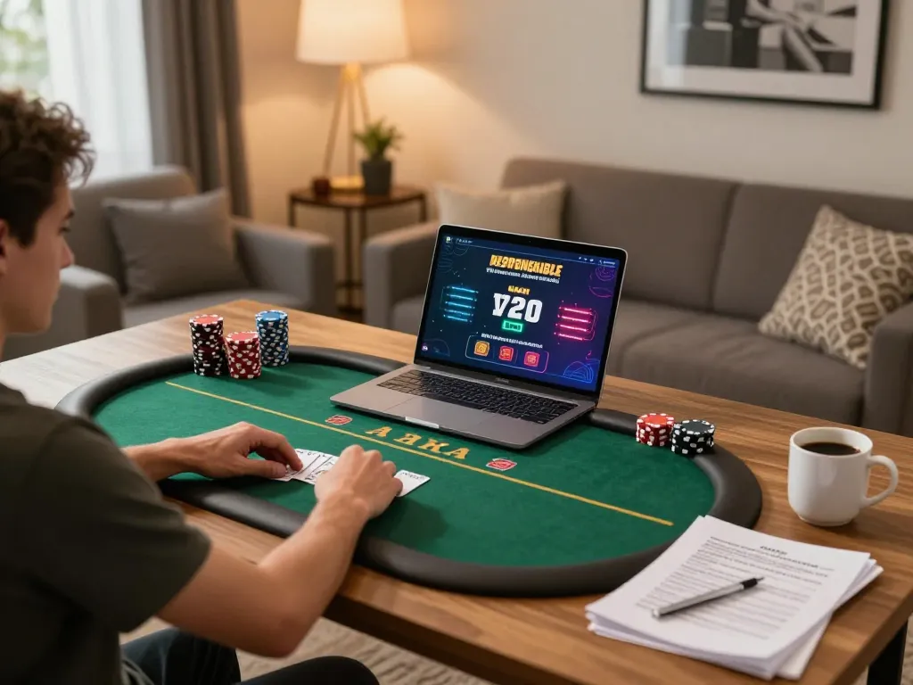 Win88 players engaging in strategic poker gameplay at home with laptop and notes