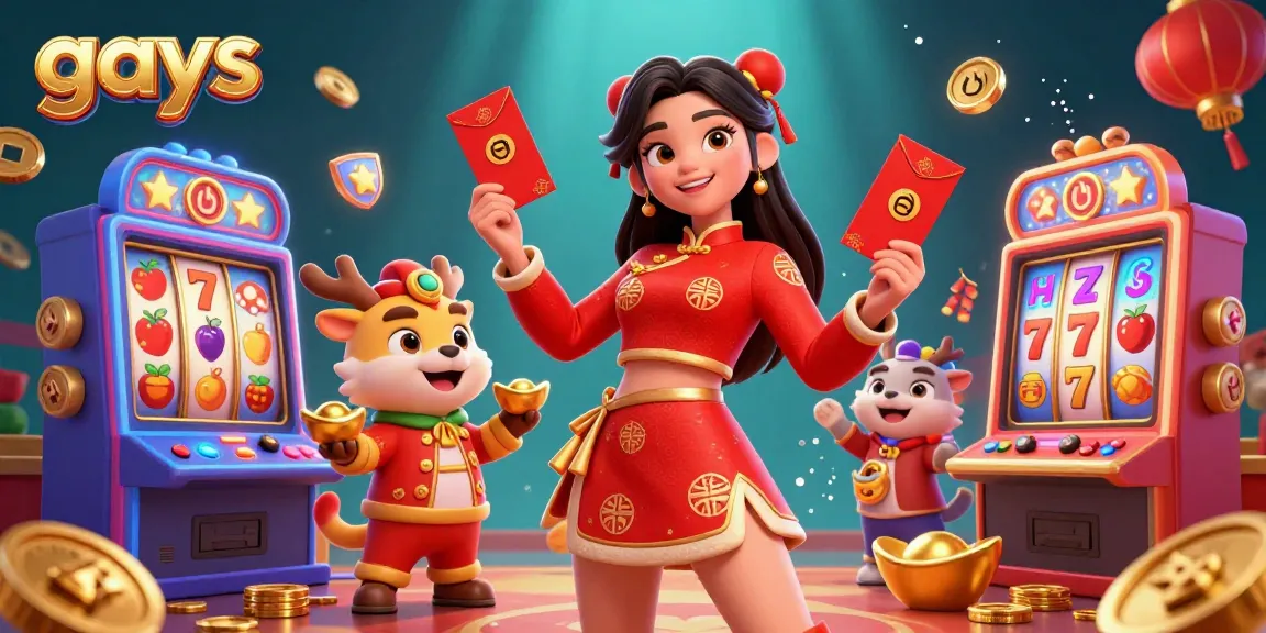 Gays celebrate with vibrant slots and festive elements, featuring a semi-realistic Asian woman.