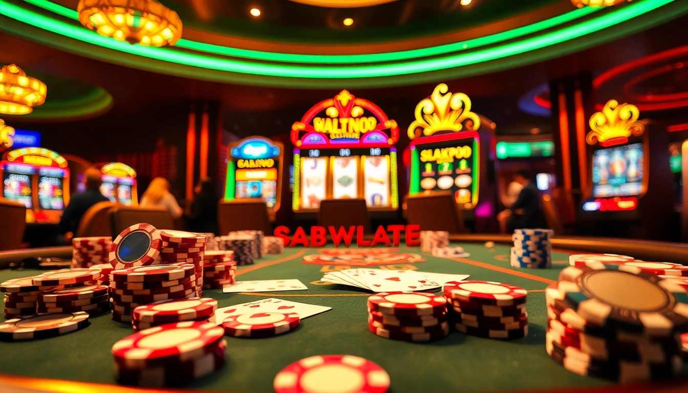 ZK88 casino scene featuring luxurious poker table and bright slot machines in an exciting atmosphere.