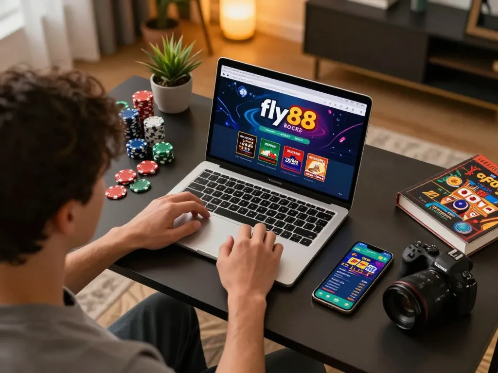 Engaging online gaming session with fly88 rocks interface displayed on a laptop and smartphone, showcasing responsible gambling.