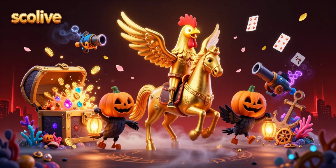 Socolive showcases a golden rooster navigating a midnight casino, surrounded by vibrant treasures and gaming elements.