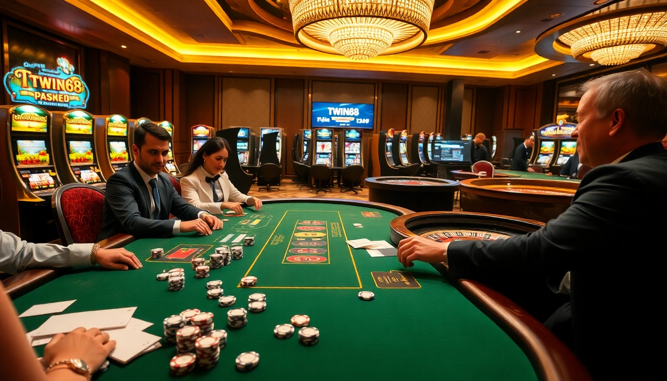 Experience the excitement at TWIN68 with a vibrant casino scene featuring poker and slot games.