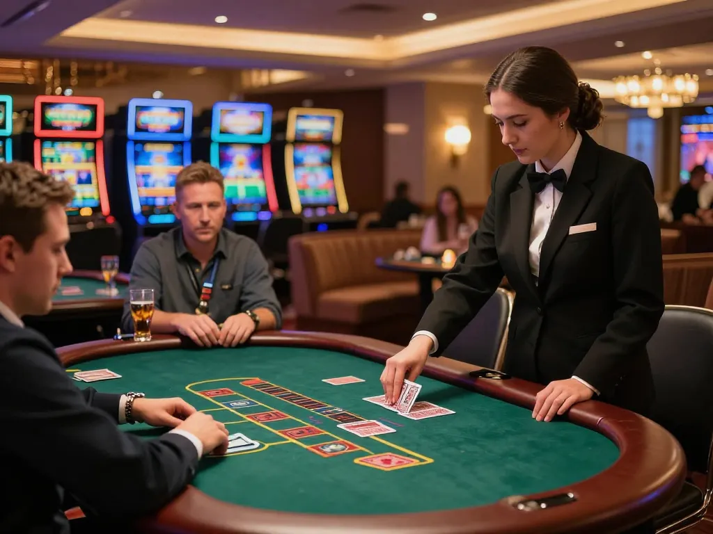 Engaged players at a blackjack table in the upscale 88 Club casino, focusing on strategic gameplay.