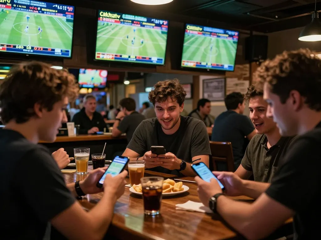 Fans placing bets on cakhiatv while cheering for their teams in a vibrant sports bar atmosphere.