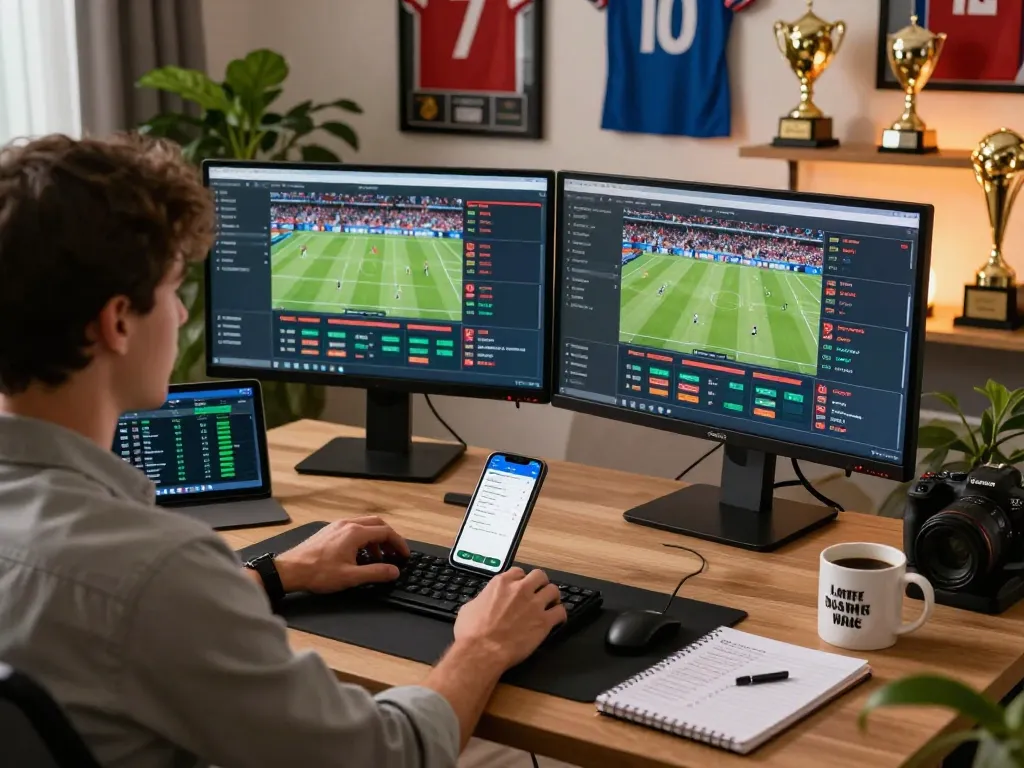 Engaging online betting scene with rikbet odds displayed on dual monitors.