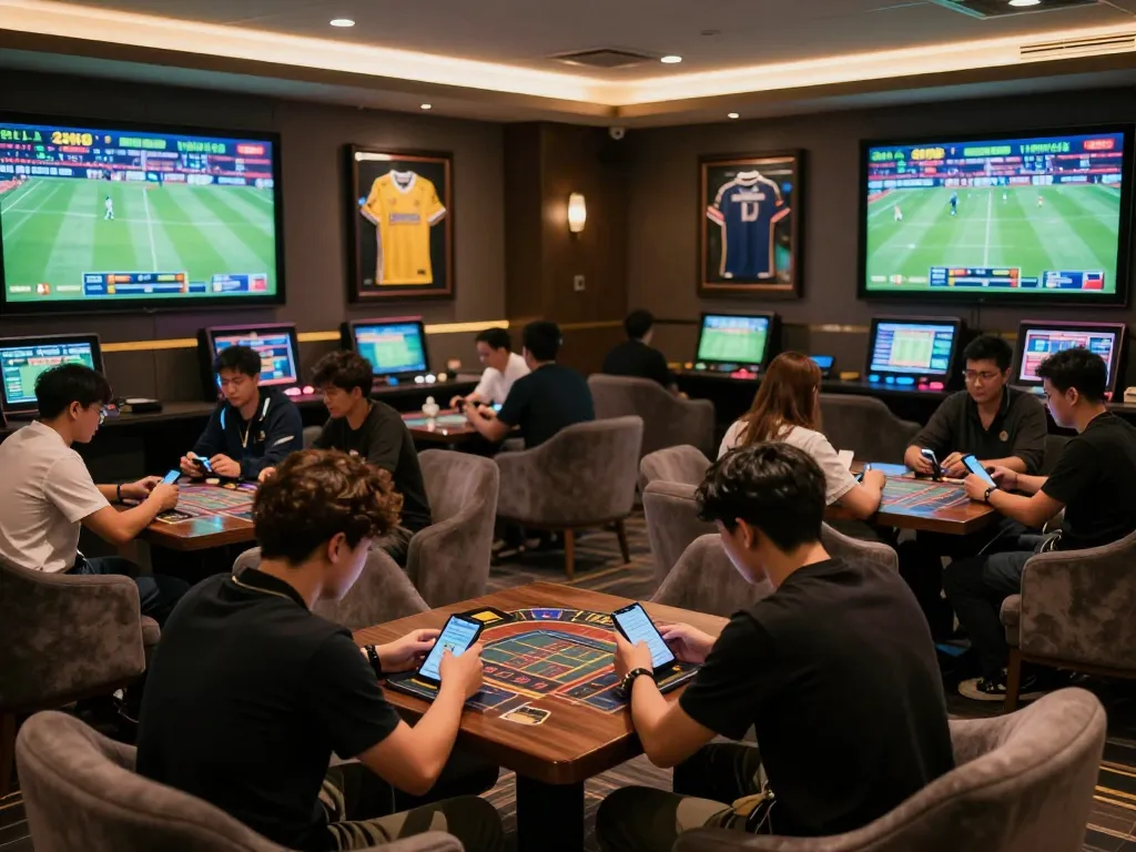 Excited bettors engaging with live sports displays at sky88 sports betting lounge