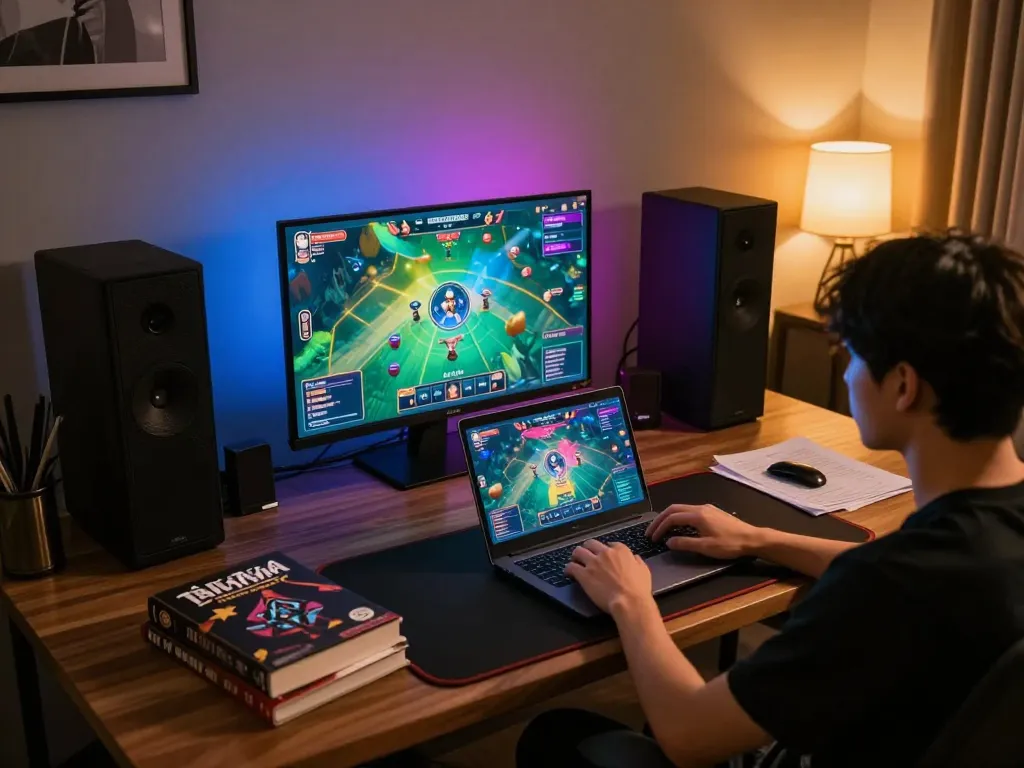 Engaging in tài xỉu online uy tín at home with a modern gaming setup and vibrant atmosphere