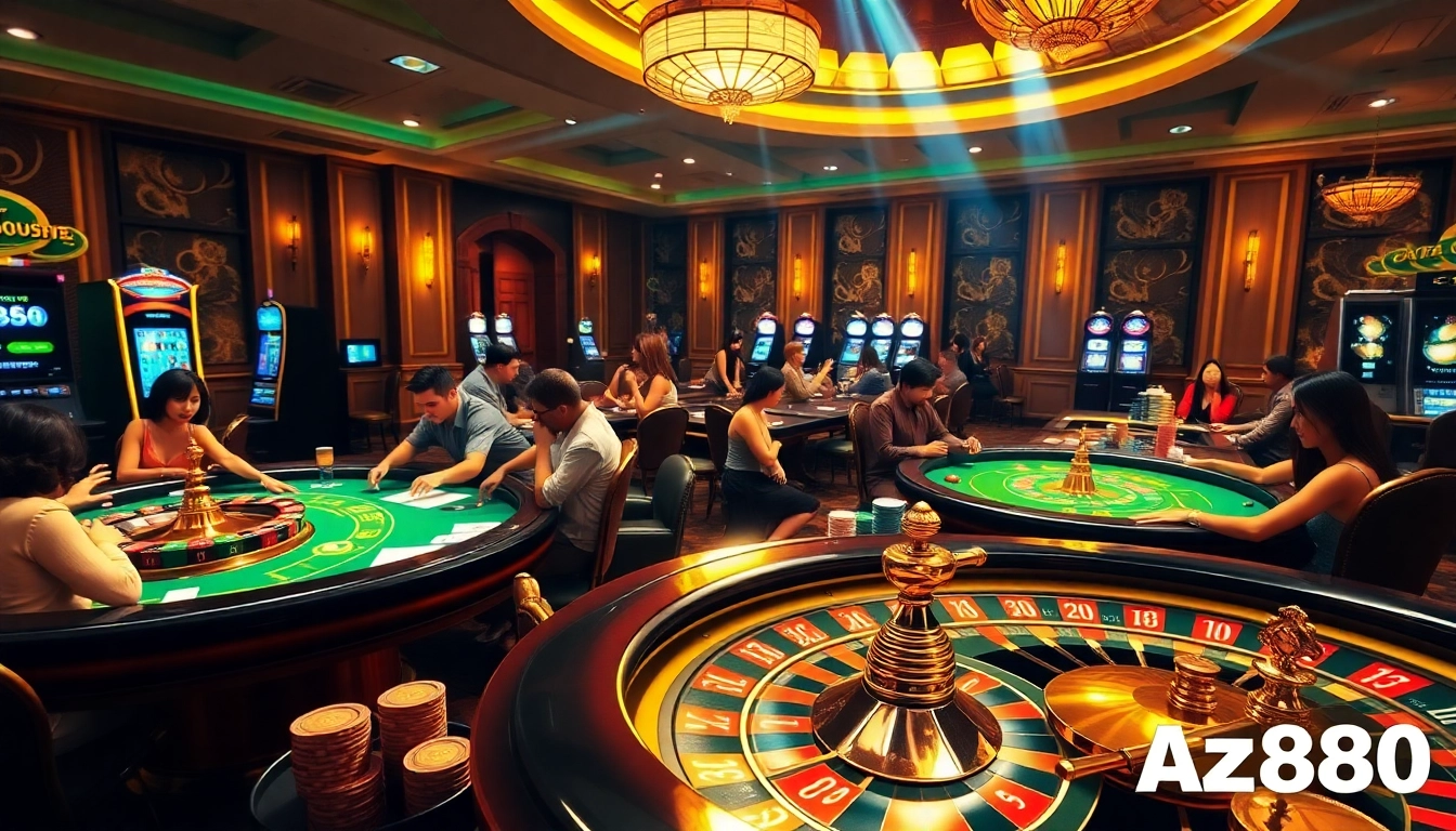 Experience the excitement of casino gaming at Az888 with vibrant tables and poker chips.