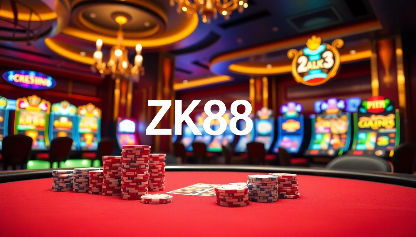 ZK88 casino scene showcasing high-stakes poker, vibrant slot machines, and a luxurious atmosphere.