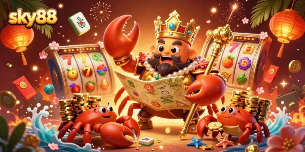 Experience thrilling slots action at sky88 with this vibrant scene of a crab emperor and lucky symbols.