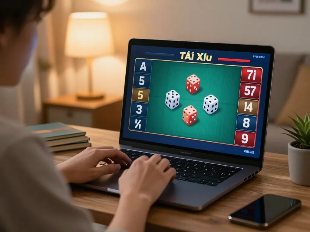 Tài xỉu online gaming experience in a cozy home setup with laptop display.