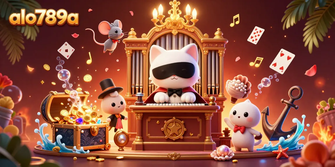 Alo789a showcases a vibrant scene featuring a white cat at a casino organ, surrounded by floating cards and treasures.