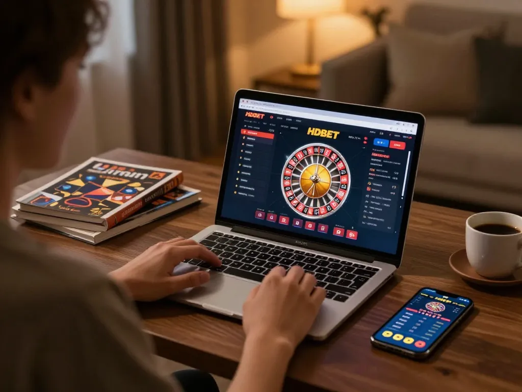 Person engaging with HDBET online roulette game on a laptop, creating a cozy gaming atmosphere.