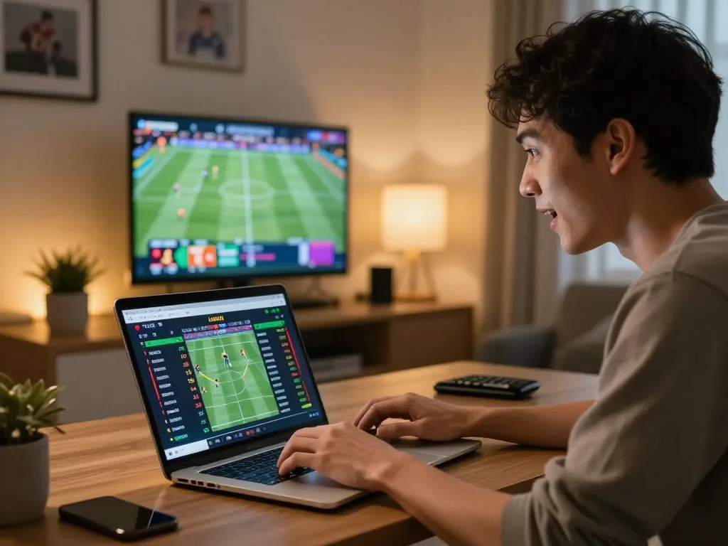 LC88 player engaging in strategic sports betting at home using laptop.