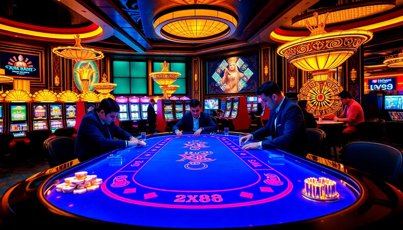 Players at an exciting poker table in a luxurious casino environment featuring XX88 gaming elements.