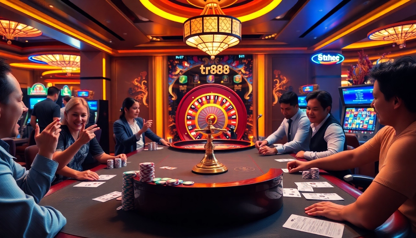 Players enjoying an exhilarating game at tr88 casino, surrounded by poker chips and vibrant slot machines.