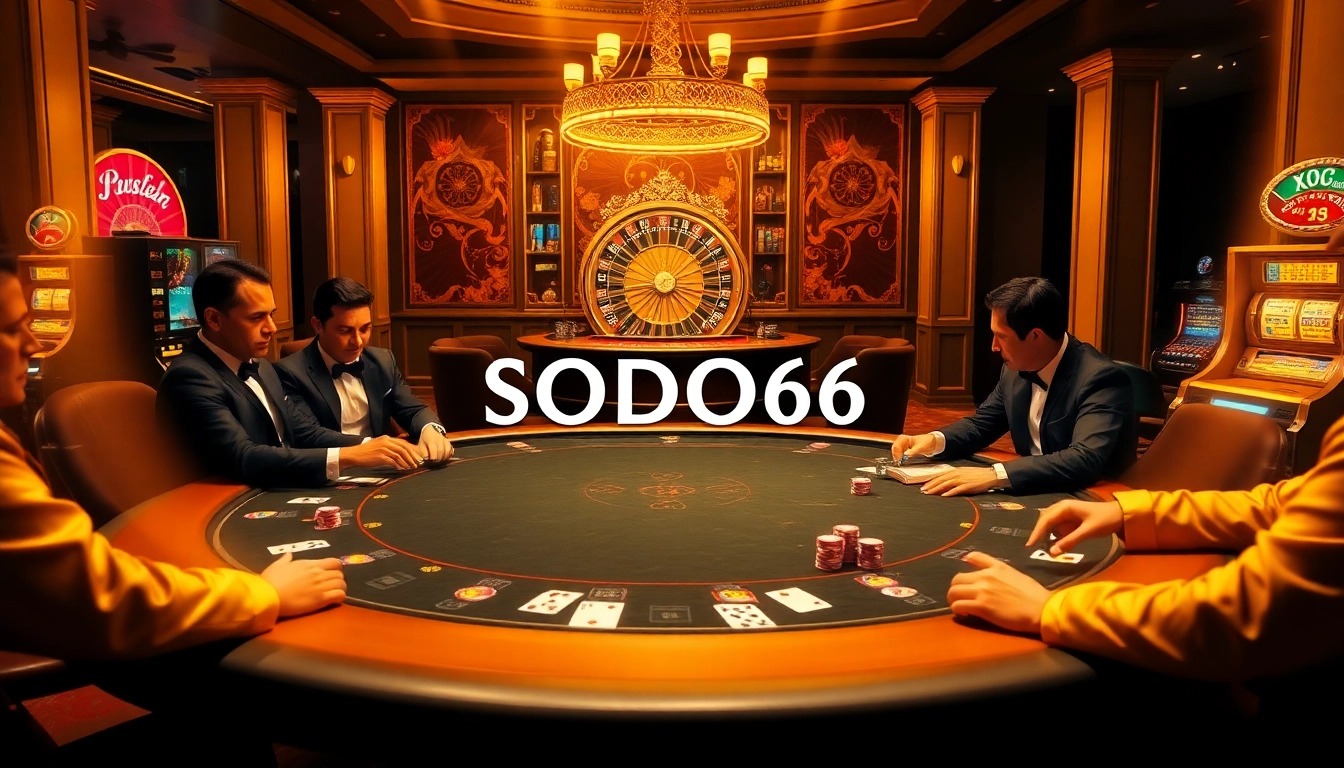SODO66 gamblers enjoying a vibrant poker game with colorful chips and cards.
