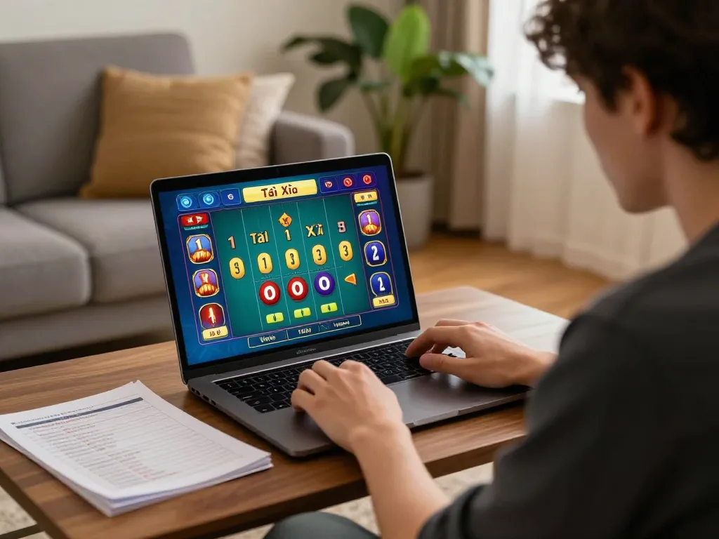 Tài Xỉu online gaming scene with player focused on laptop interface, showcasing responsible gambling atmosphere.