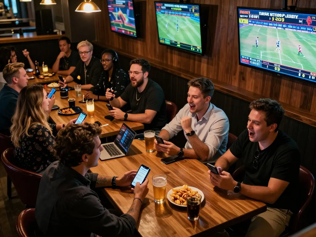 Active patrons engaging in sports betting at a lively bar, showcasing keonhacai betting experiences.
