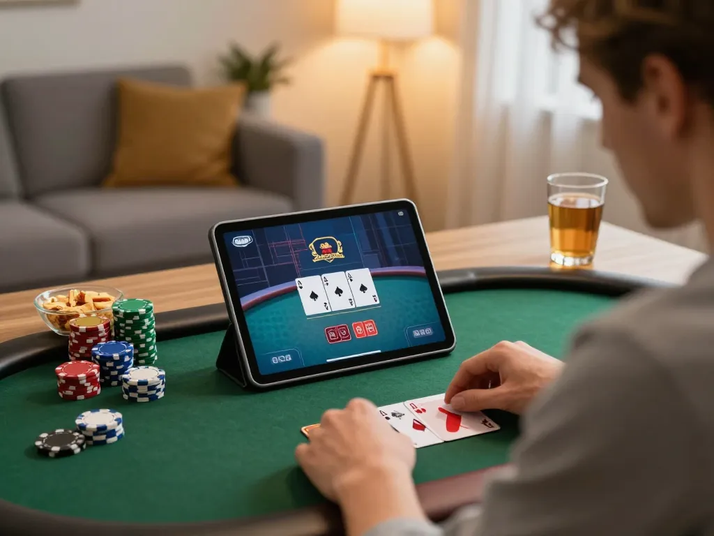 Engaged user playing Net88 online poker on a tablet in a cozy home setting.