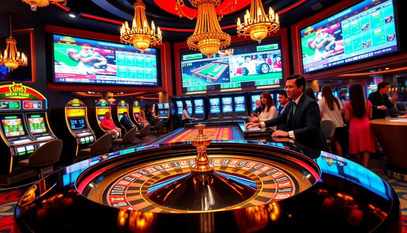 Fun88 แท้ illustrates a vibrant casino scene with roulette, poker chips, and excited players.
