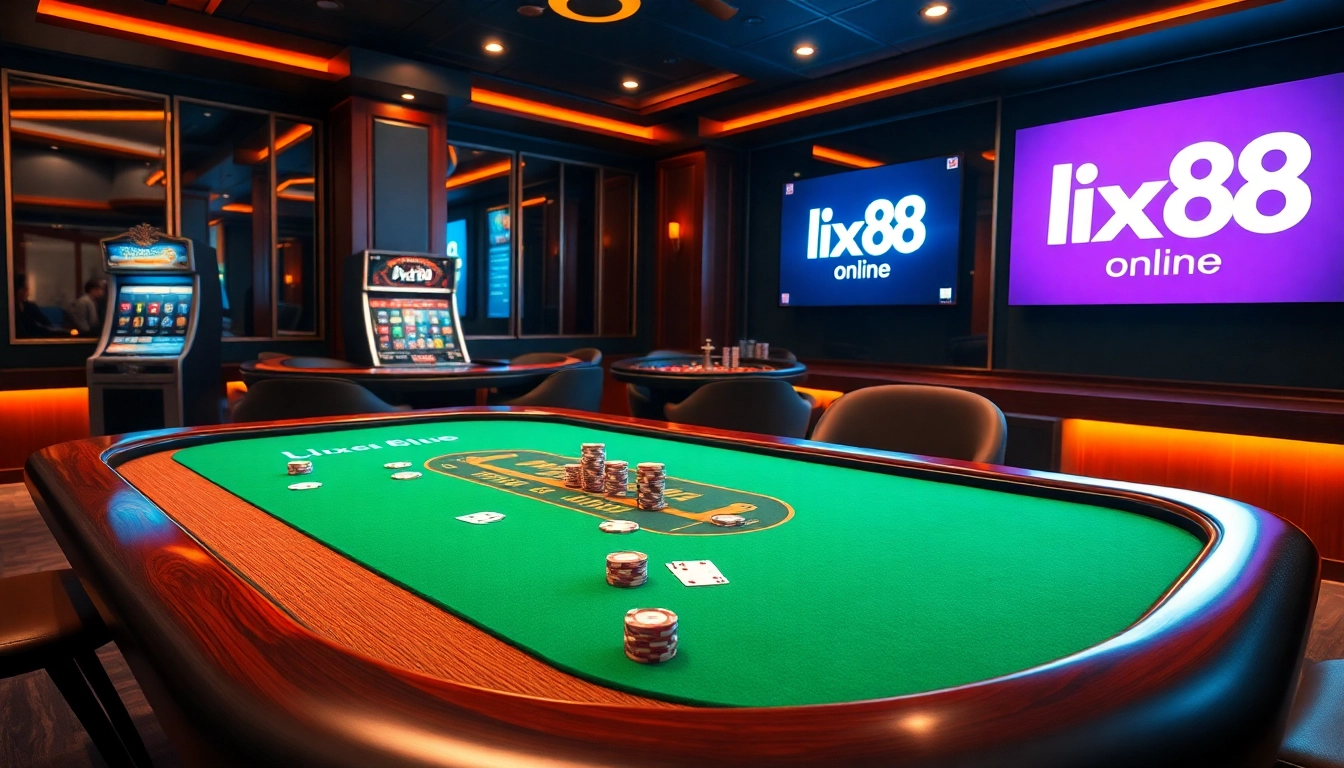 Lixi88 online features a luxurious virtual gambling room with poker action and classic casino elements.