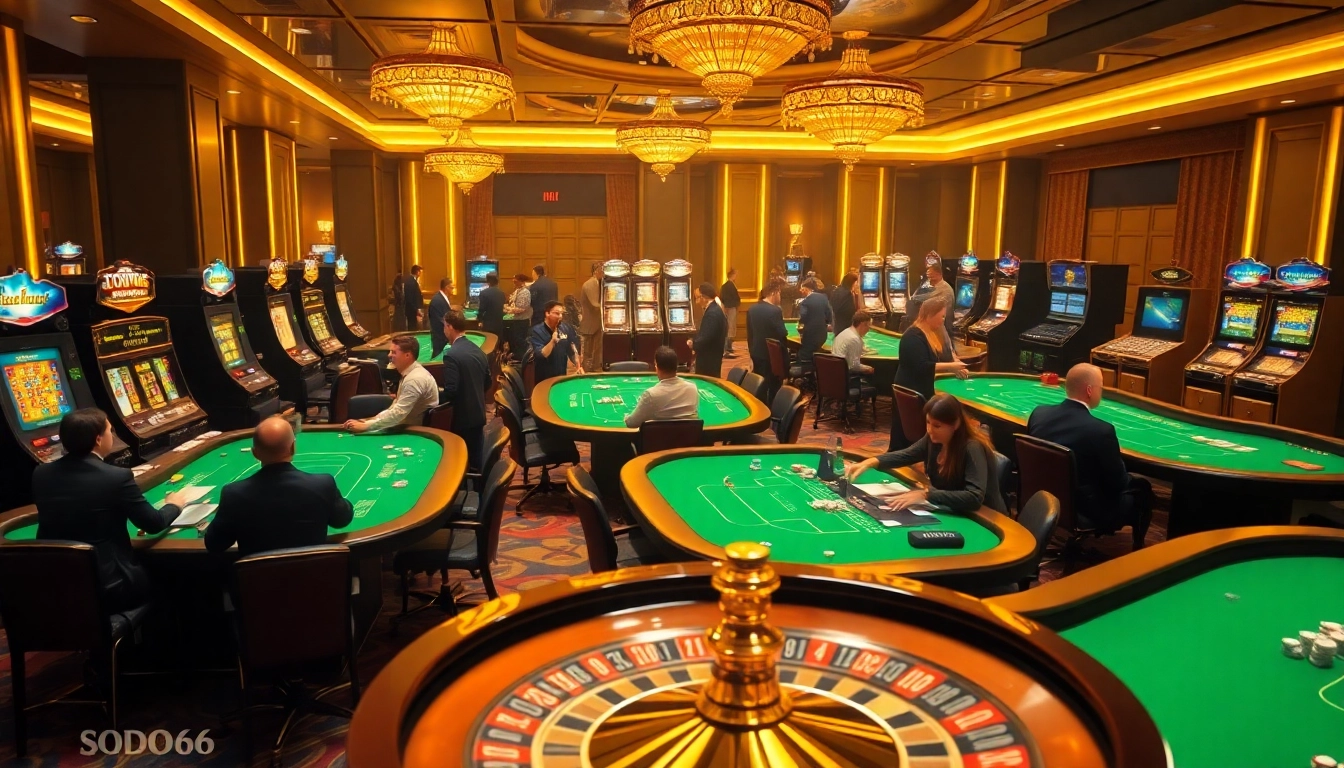 Players immersed in excitement at SODO66 casino games with vibrant tables and poker chips.
