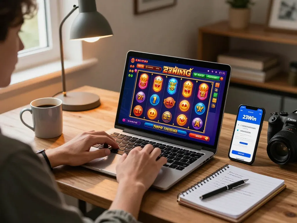 Engaged player enjoying slot games on 23Win platform at home with warm lighting.