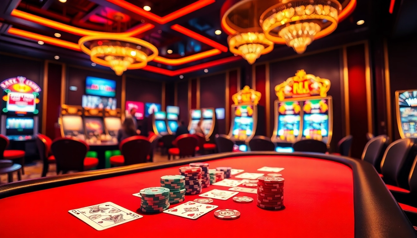 A thrilling gambling scene at https://red88.spot/ showcasing poker tables, roulette, and slot machines in a vibrant casino environment.