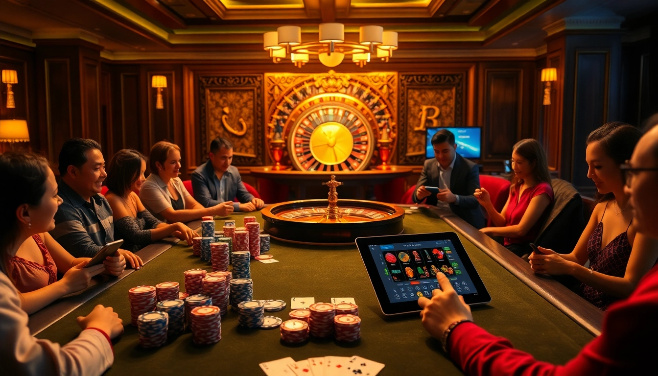 Engage with Nhà Cái UU88 as players enjoy a vibrant casino scene filled with poker chips, cards, and roulette.