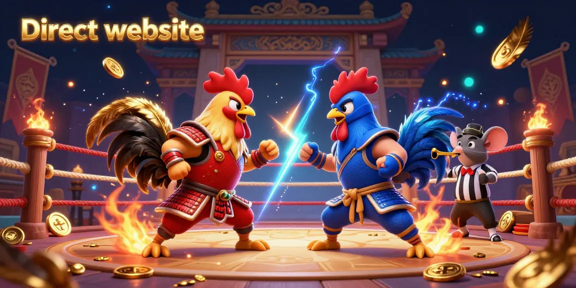 Experience thrilling battles at Direct website with fighting roosters in a vibrant gambling arena.