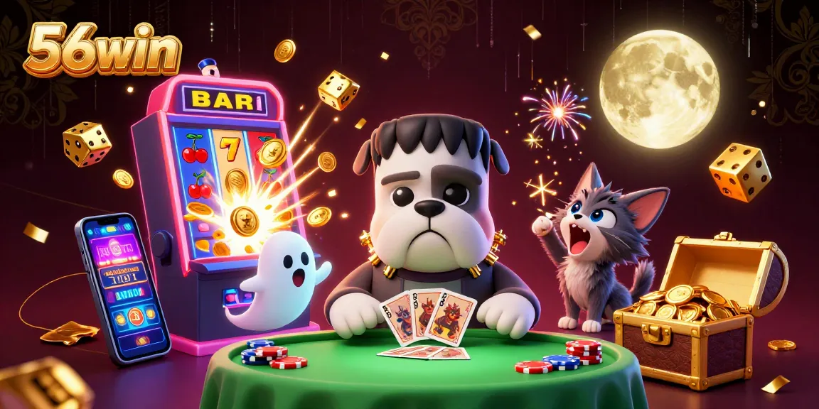 Join the action at 56win with a Frankenstein bulldog dealing cards in a vibrant casino scene.
