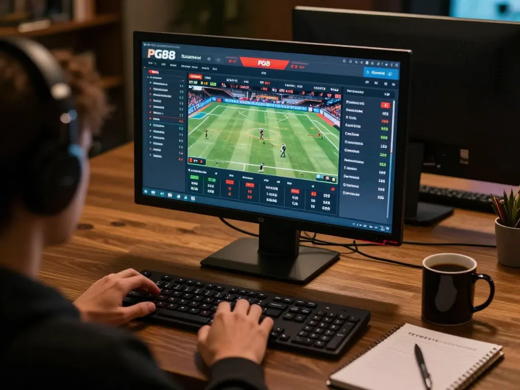 Person engaging with the PG88 betting interface for sports events, showcasing excitement in online gambling.
