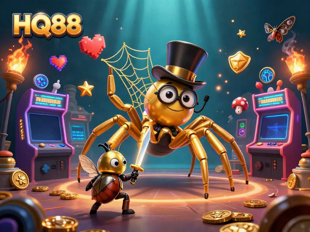 Engage with HQ88's thrilling games in a vibrant 3D casino illustration featuring unique characters.