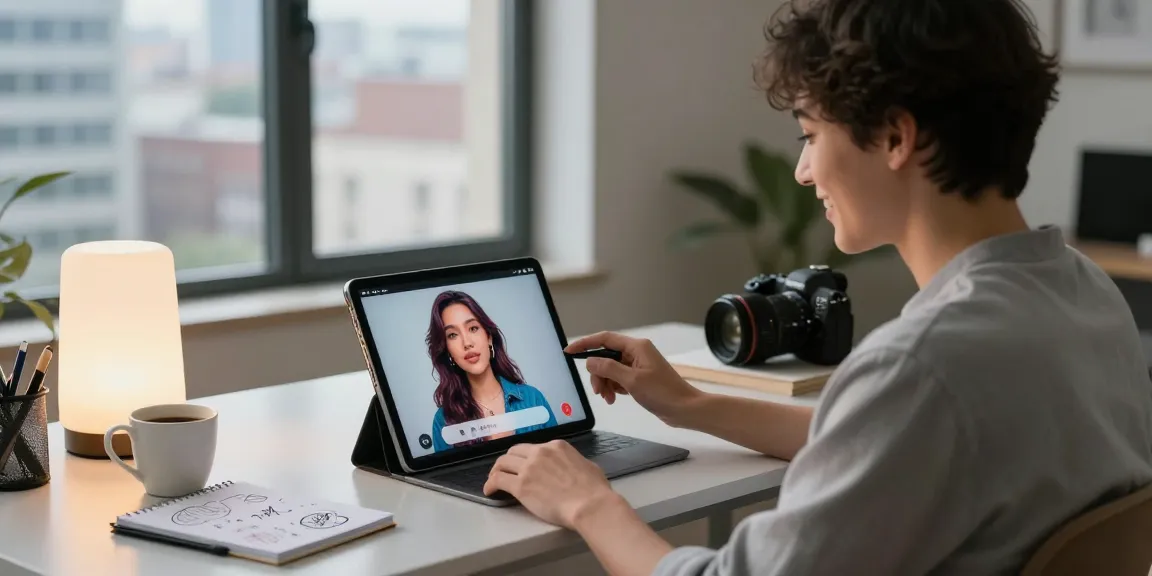 Engaging with an AI girlfriend application in a stylish home office setting, showcasing vibrant personality and modern surroundings.