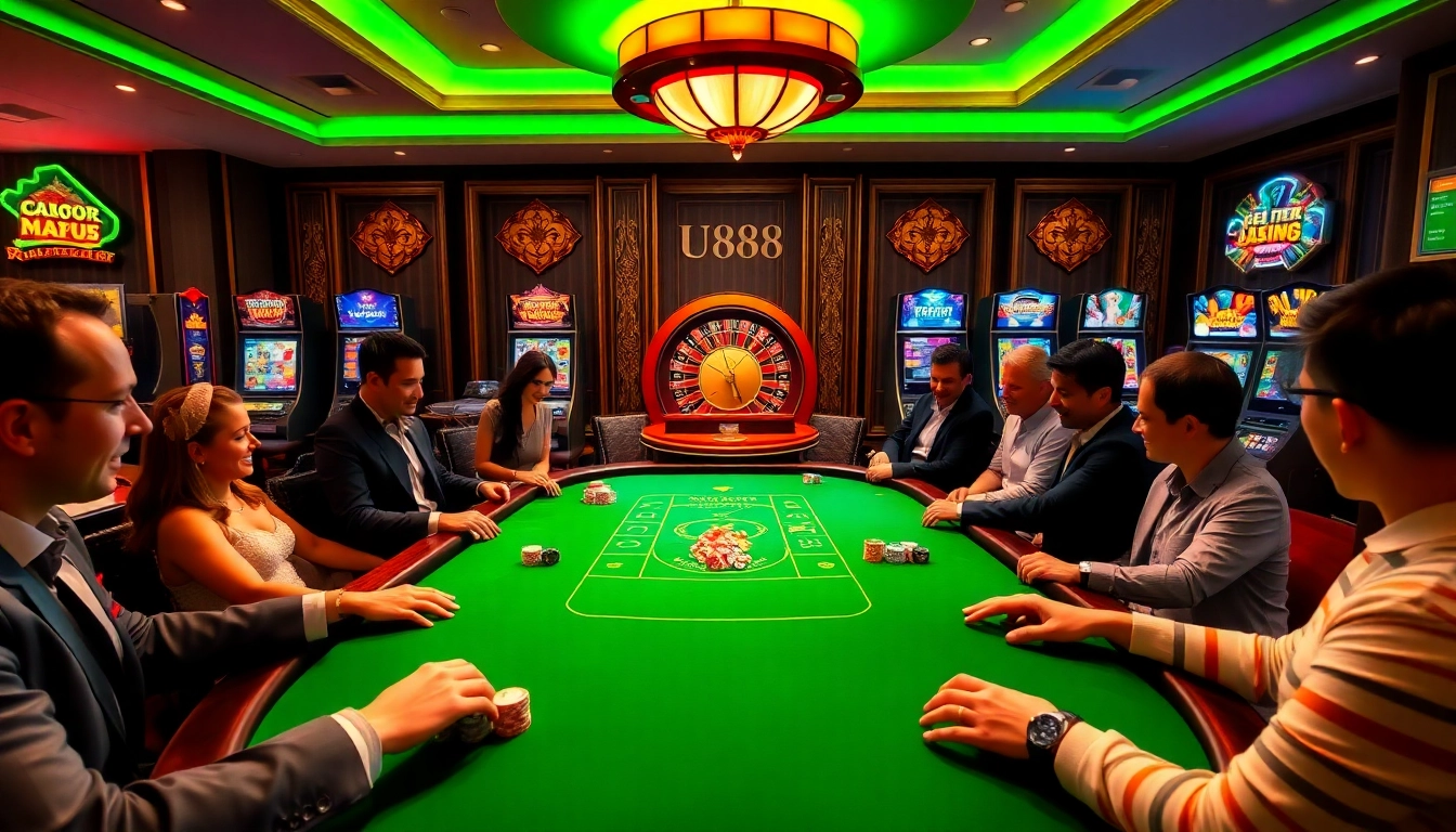 Players enjoying a blackjack game at U888's luxurious casino table