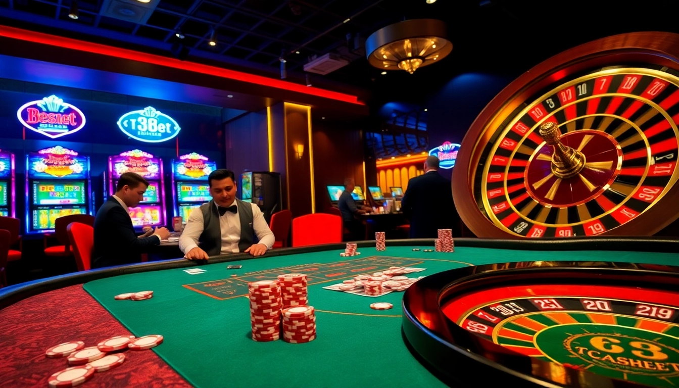 Experience the excitement of betting at 28bet, with colorful slot machines and a high-stakes poker table.