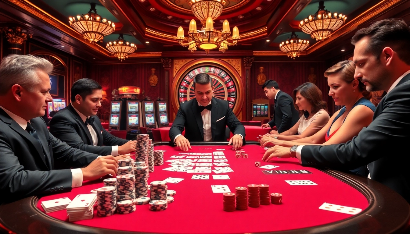 Engage in high-stakes poker at VB88 with vibrant casino elements and thrilling atmosphere.