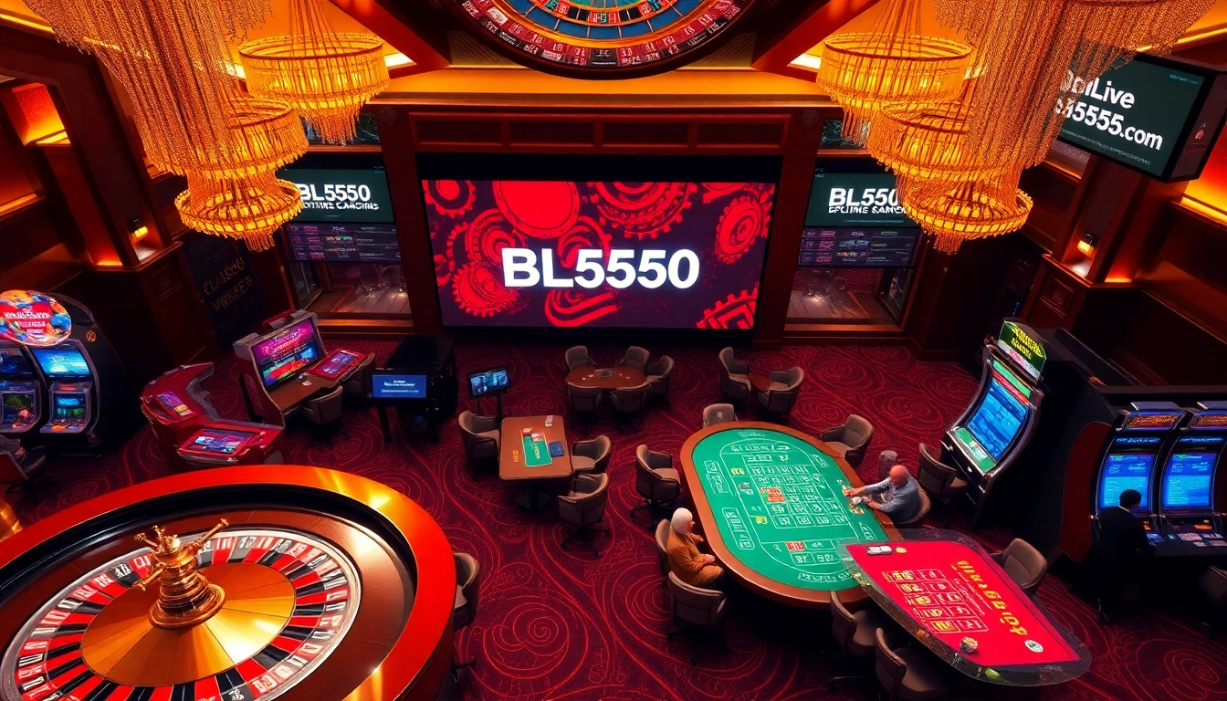 Engaging gamblers at BL555 casino tables with vibrant roulette wheels and poker chips.