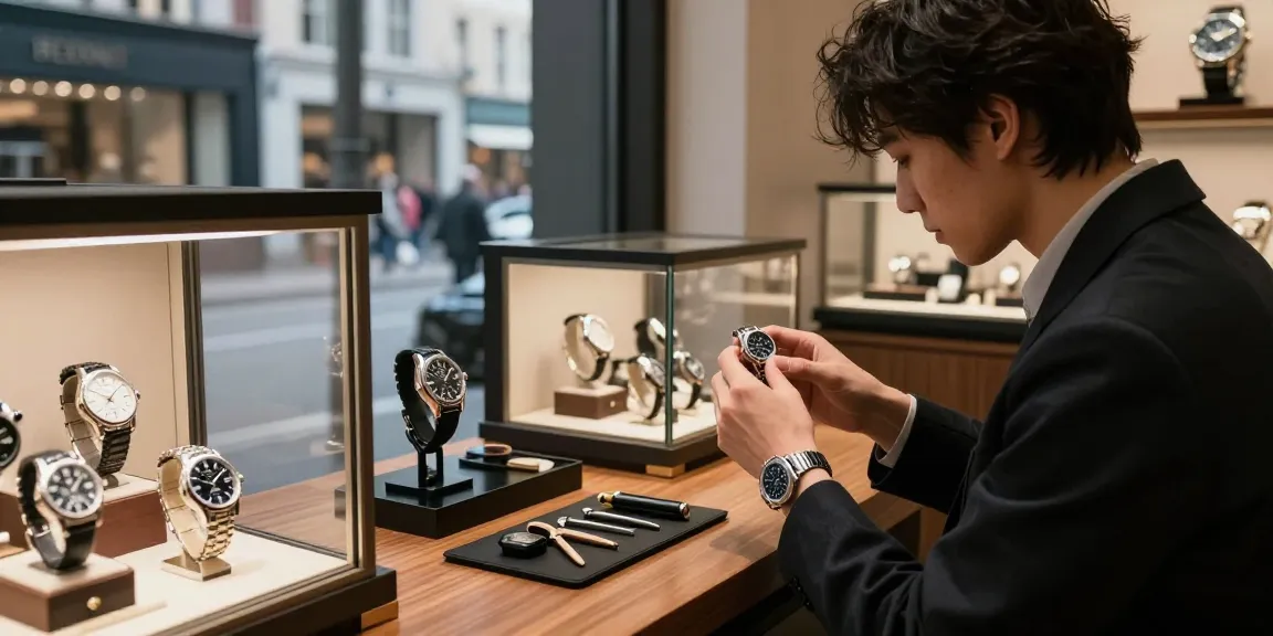 Stylish shopper examining a high-quality replica watch in a luxury retail environment.