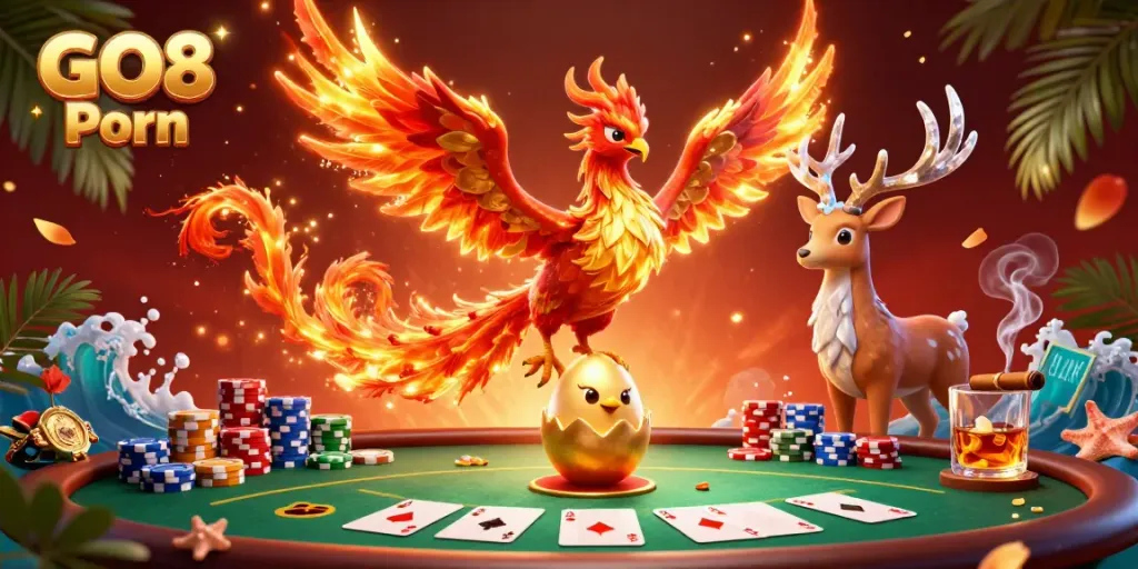 Engage with GO8 Porn's thrilling poker action featuring a fiery phoenix and vibrant game elements.