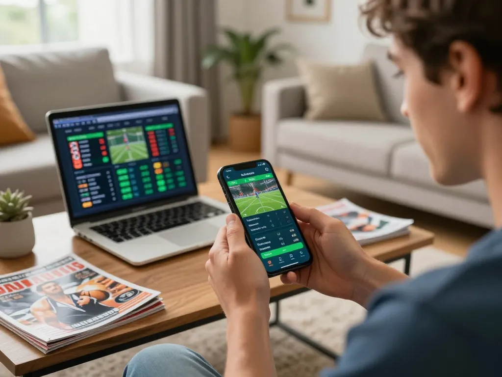 Engaged user placing bets on SHBET mobile app while enjoying sports in a cozy living room