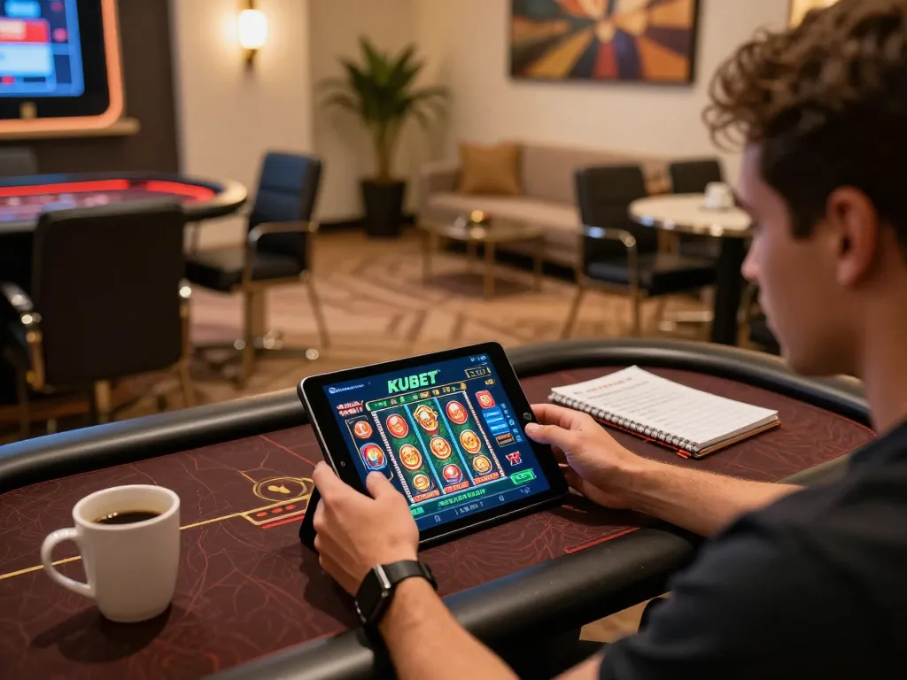 Player enjoying KUBET casino app on tablet during a cozy online gaming session.