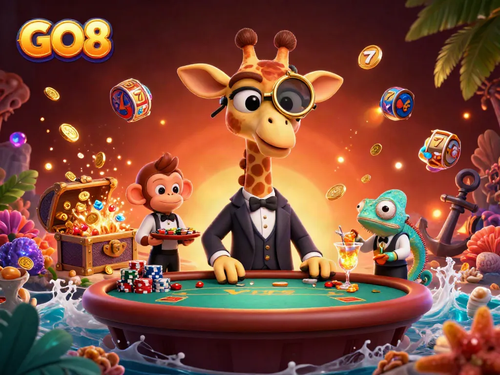 Experience GO8 casino excitement with a vivid 3D illustration of a giraffe at poker, surrounded by rich gaming elements.