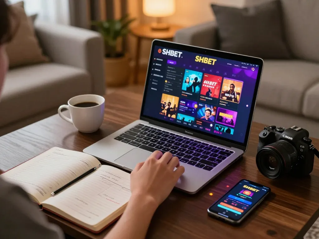 Engaging in online gambling at SHBET with a laptop, showcasing vibrant game graphics and strategic planning.