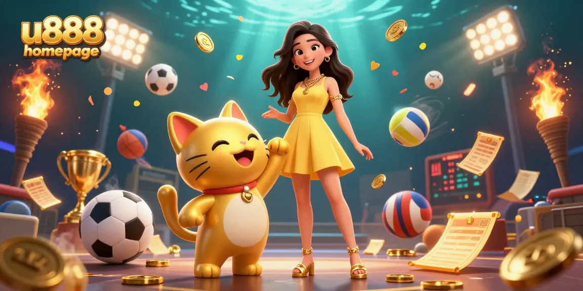 Engage with the u888 homepage featuring a cheerful Asian woman and golden cat in a vibrant casino scene.