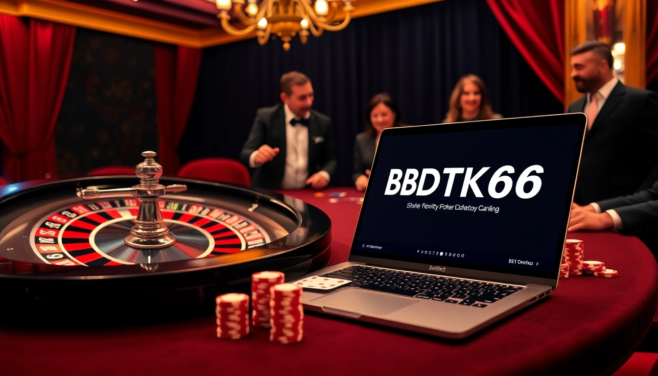Engage in a thrilling poker game at BDTK66, featuring vibrant chips and cards in a luxurious casino atmosphere.