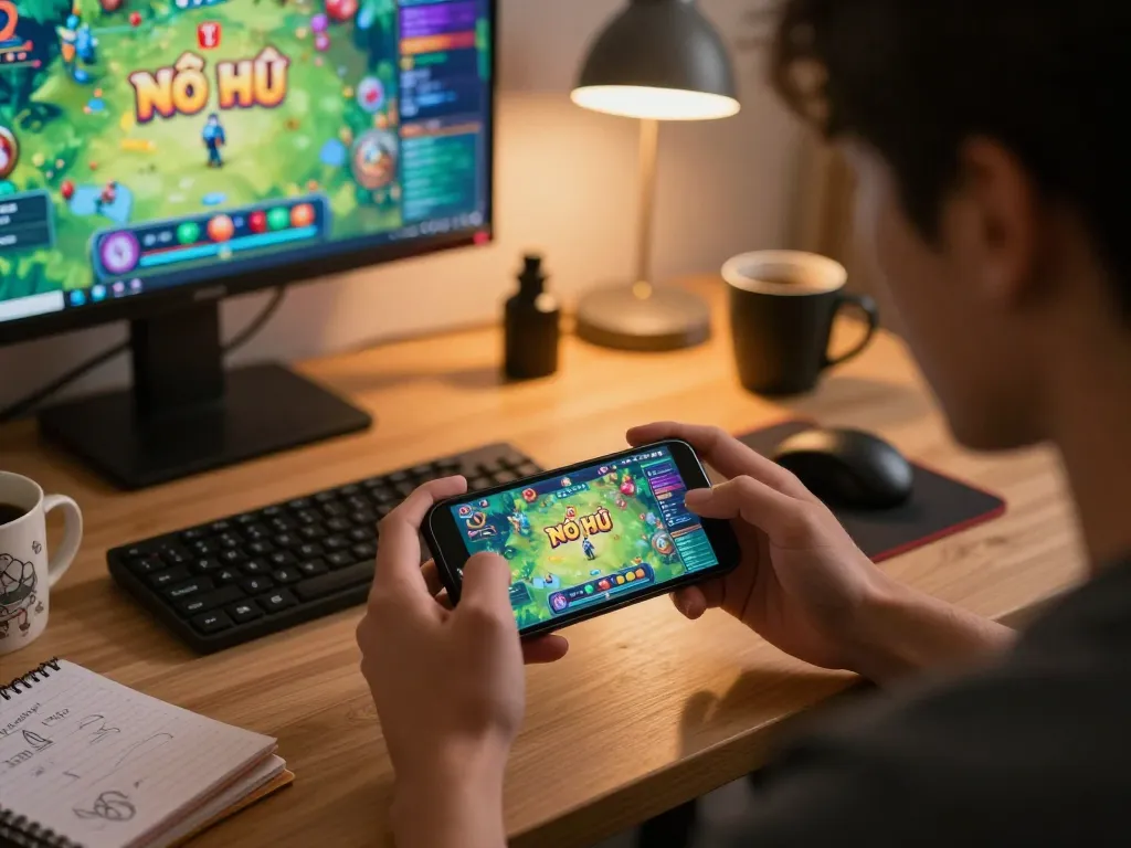 Nổ Hũ online gameplay on smartphone showcasing exciting jackpots and colorful graphics.