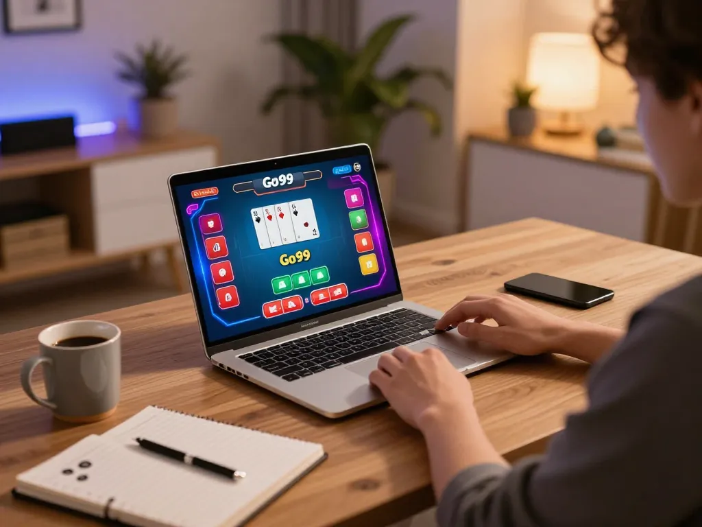 Engaging in a thrilling Go99 poker game on a laptop at a cozy home setup